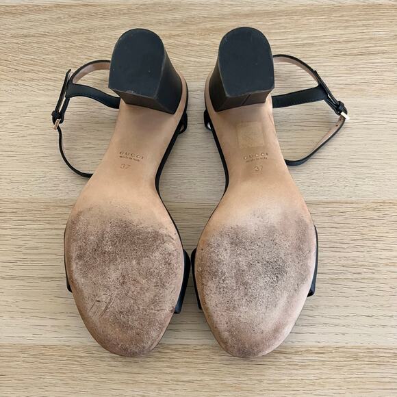 Gucci Horsebit Black Leather Block Heel Sandals Size 37 Made in Italy - Picture 8 of 11